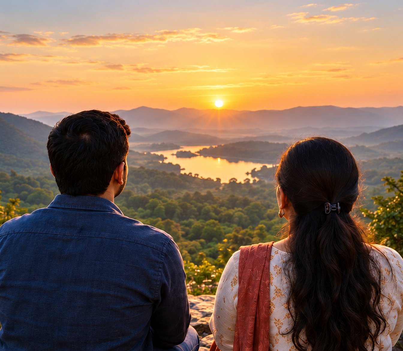 Two people looking over the same valley at sunrise.